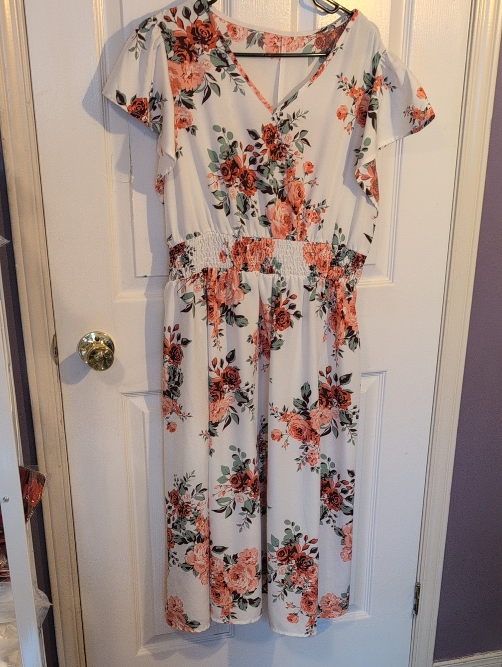 SHEIN White Midi Dress with Coral & Green Floral Print